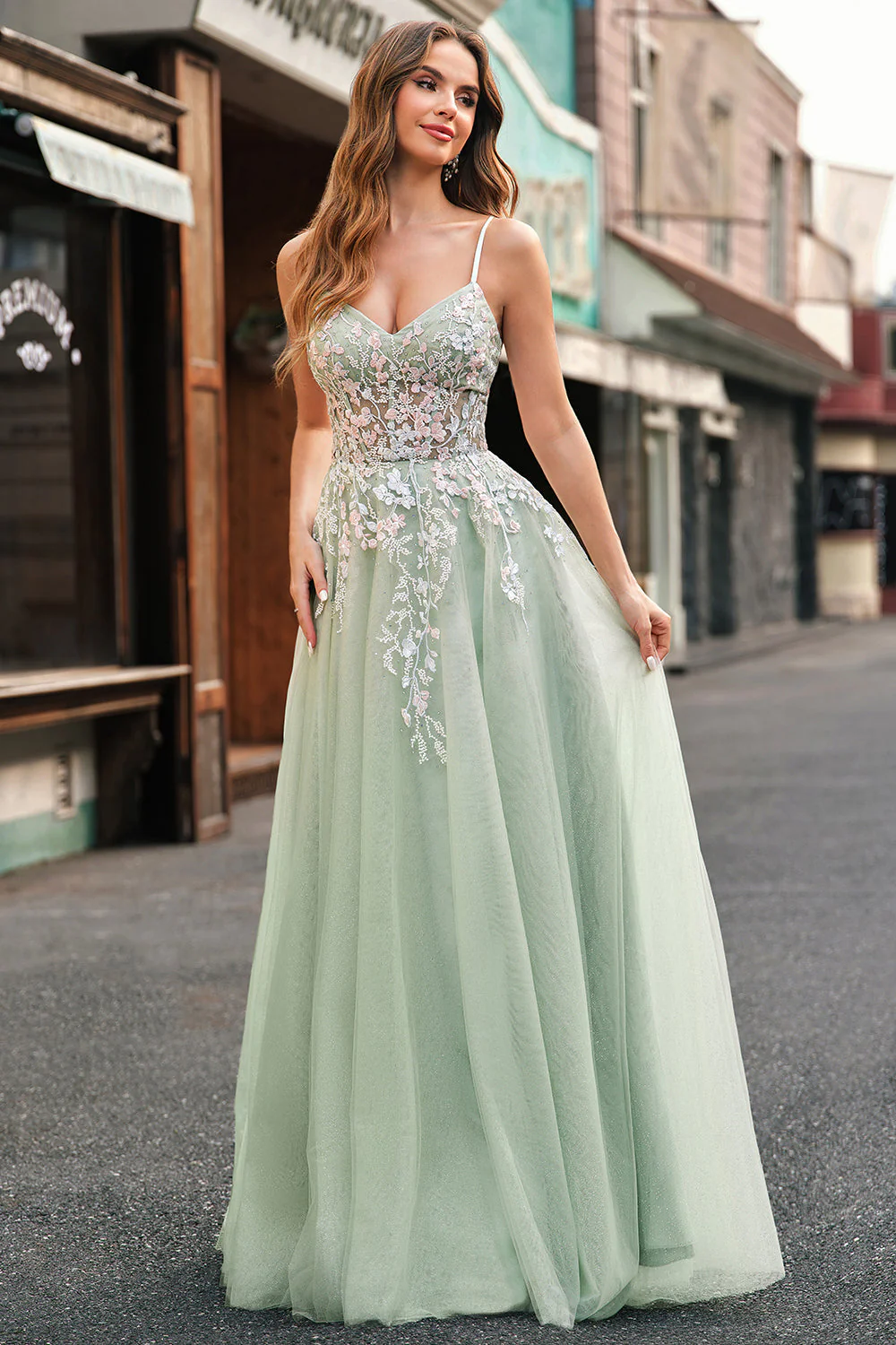 Sage Tulle A-Line Spaghetti Straps Long Prom Dress with Appliques - Image 4