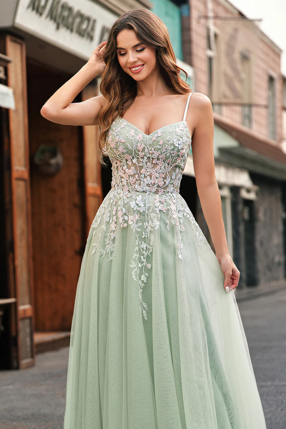 Sage Tulle A-Line Spaghetti Straps Long Prom Dress with Appliques - Image 5