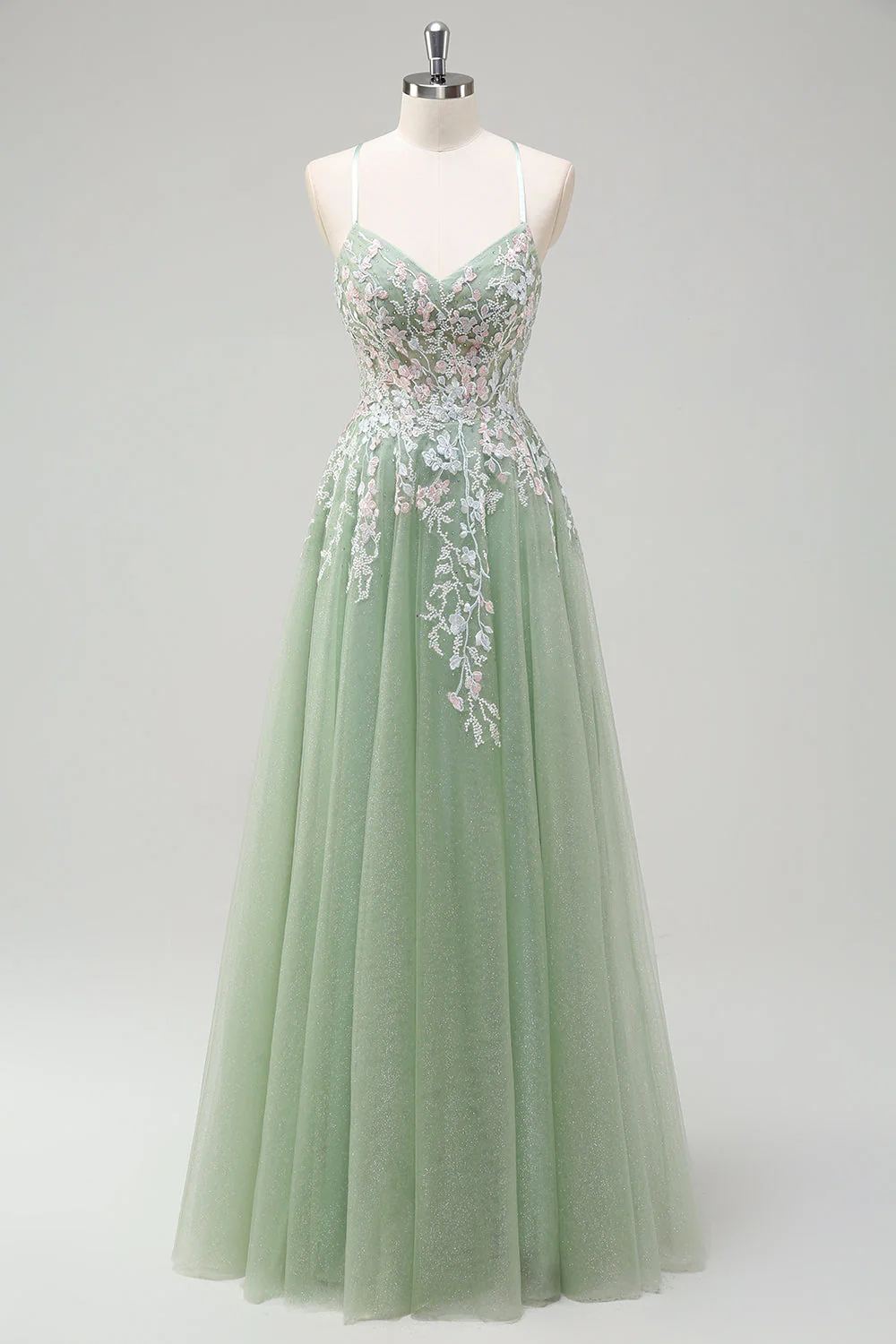 Sage Tulle A-Line Spaghetti Straps Long Prom Dress with Appliques - Image 6