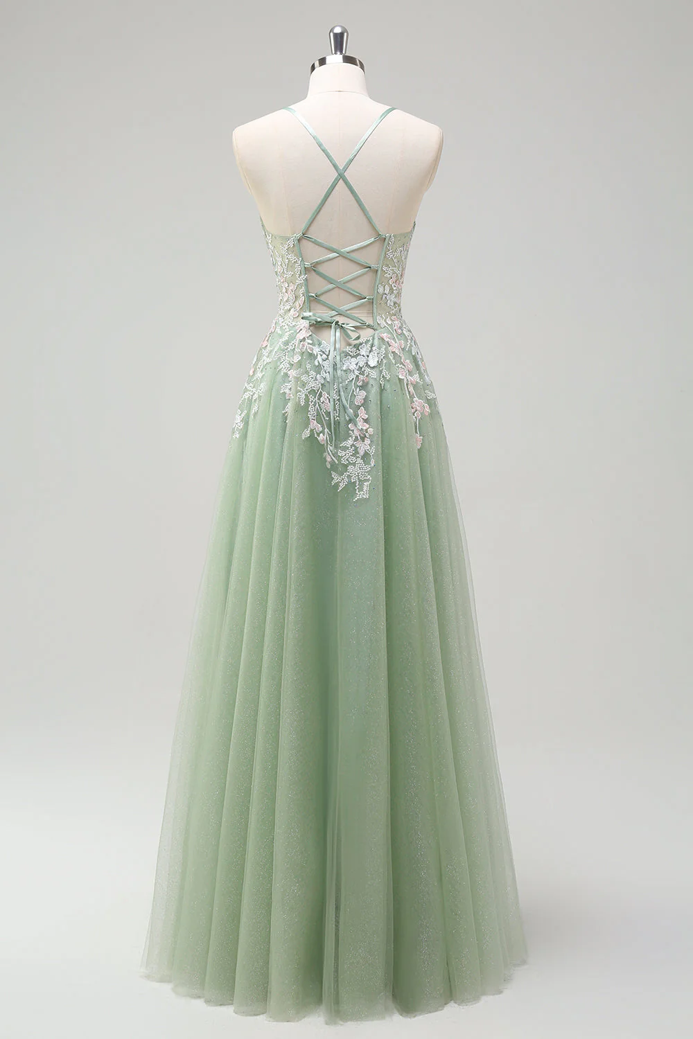 Sage Tulle A-Line Spaghetti Straps Long Prom Dress with Appliques - Image 7
