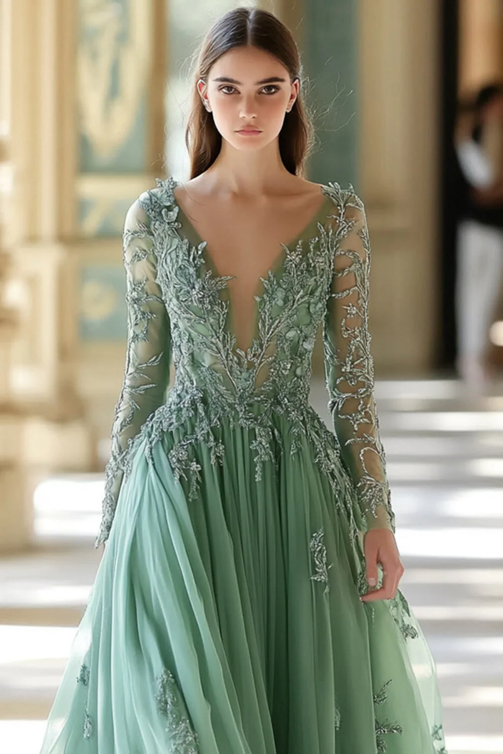 Sage V-neck Applique A-Line Prom Dress - Image 2