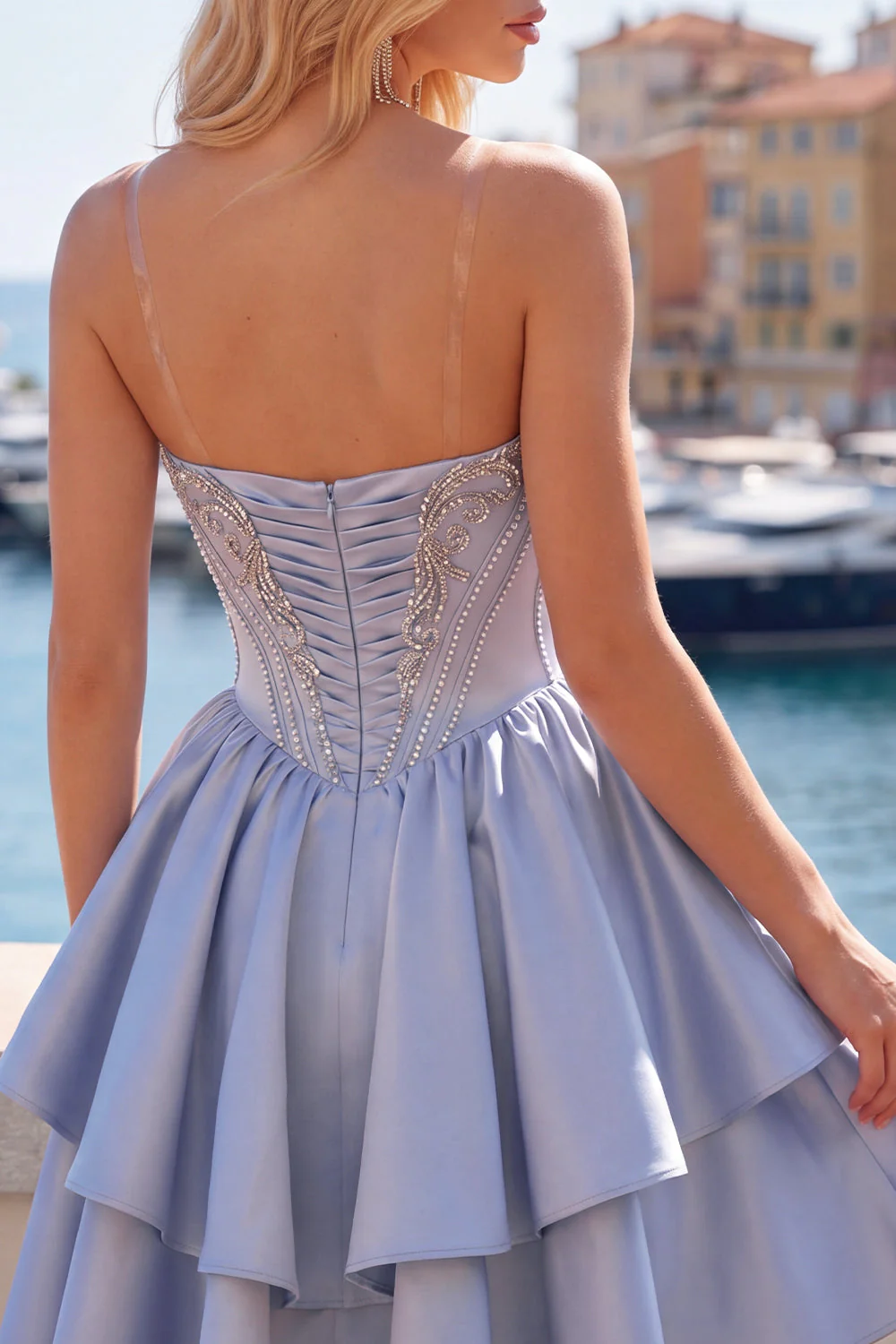 Cute Sweetheart A-Line Grey Blue Corset Cocktail Dress with Ruffles - Image 6