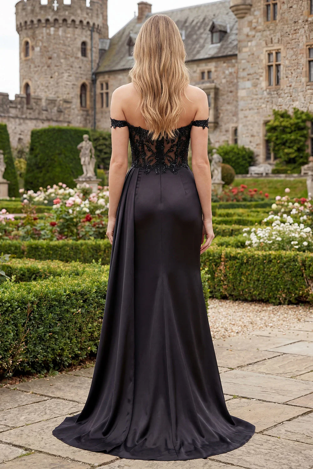 Black Off the Shoulder Satin Mermaid Long Prom Dress with Slit - Image 2