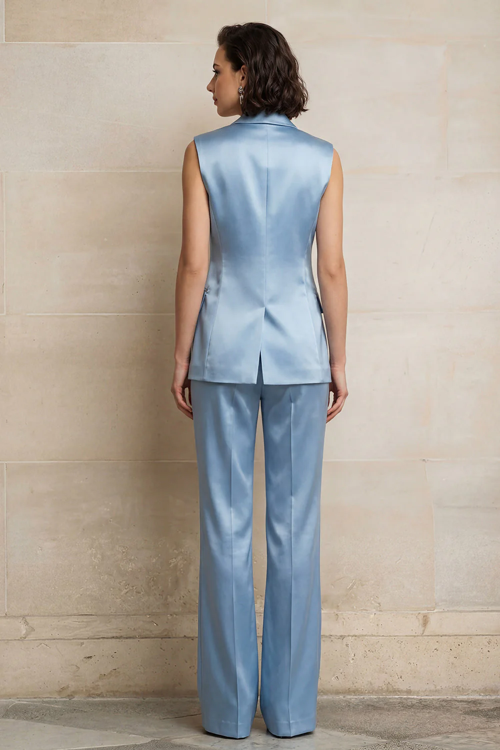 Blue 2 Piece Single Breasted Peak Lapel Sleeveless Women Suits - Image 2