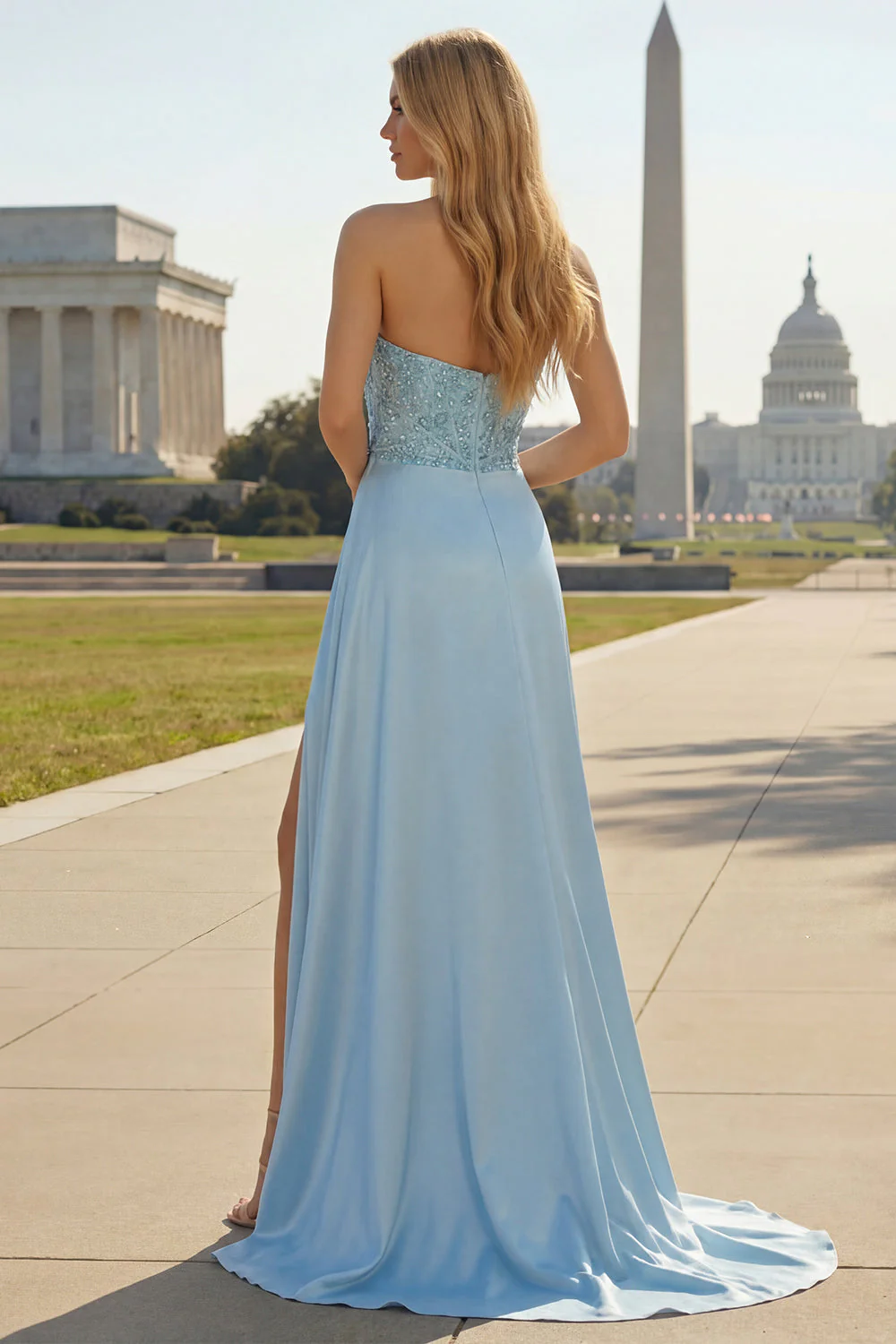 Blue Mermaid Ruched Strapless Long Prom Dress with Slit - Image 2