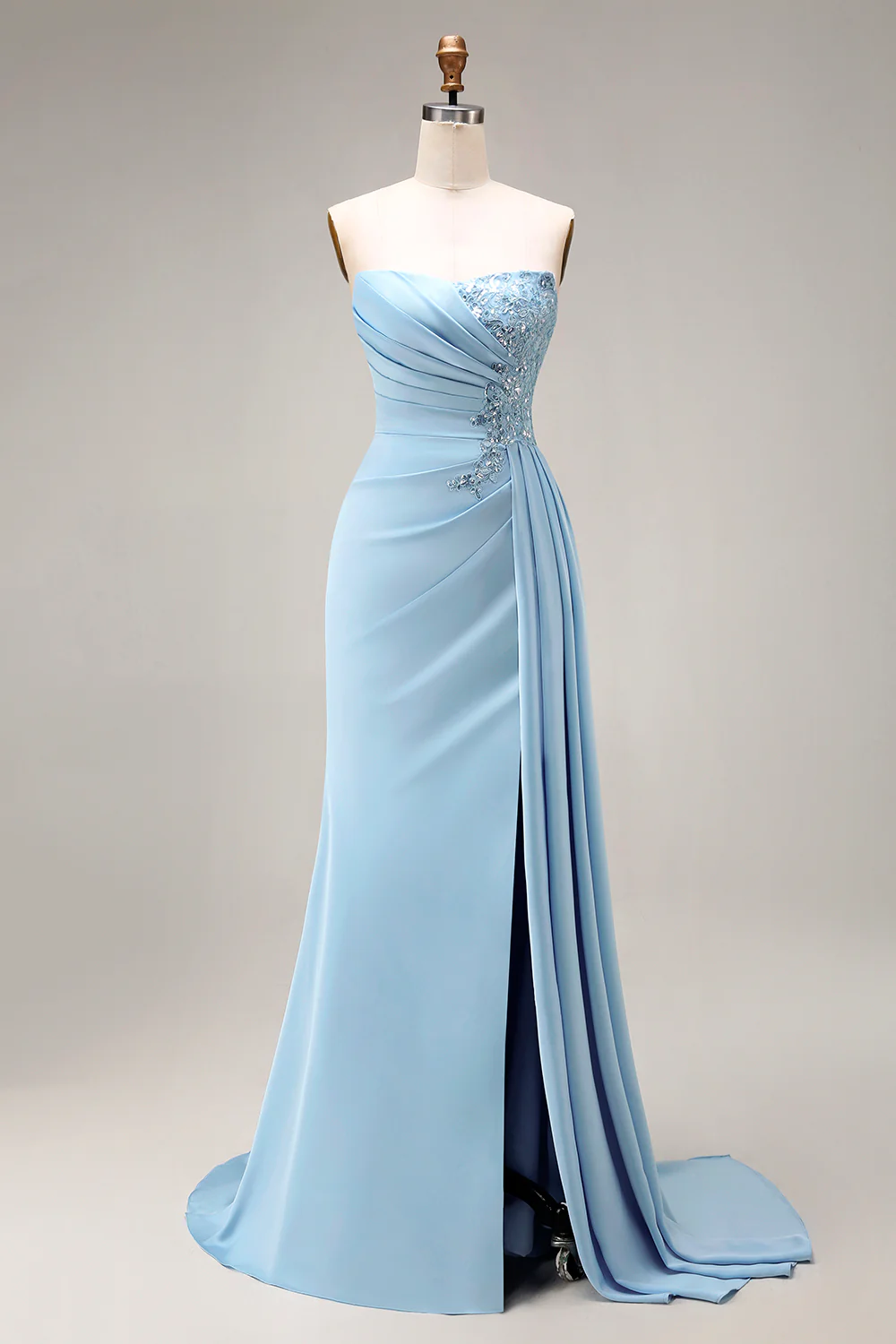 Blue Mermaid Ruched Strapless Long Prom Dress with Slit - Image 5