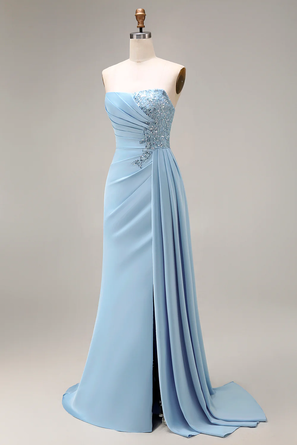 Blue Mermaid Ruched Strapless Long Prom Dress with Slit - Image 7
