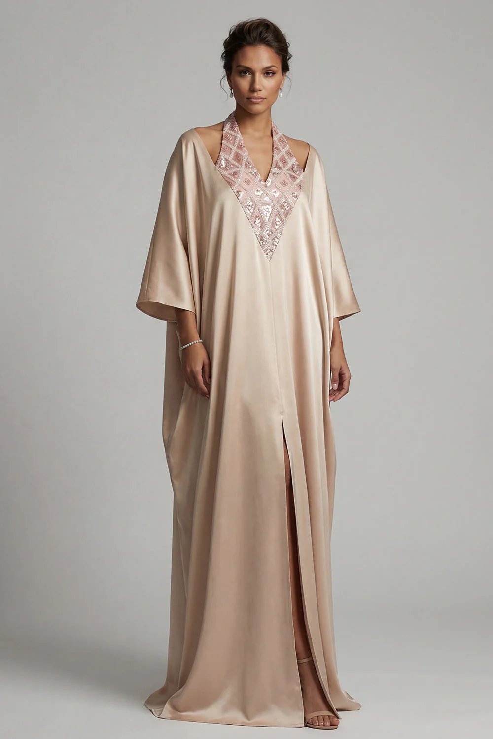 Champagne Halter Sheath Sequins Mother Of the Bride Dress with Slit