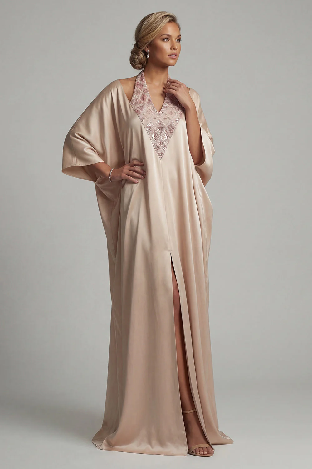 Champagne Halter Sheath Sequins Mother Of the Bride Dress with Slit - Image 3