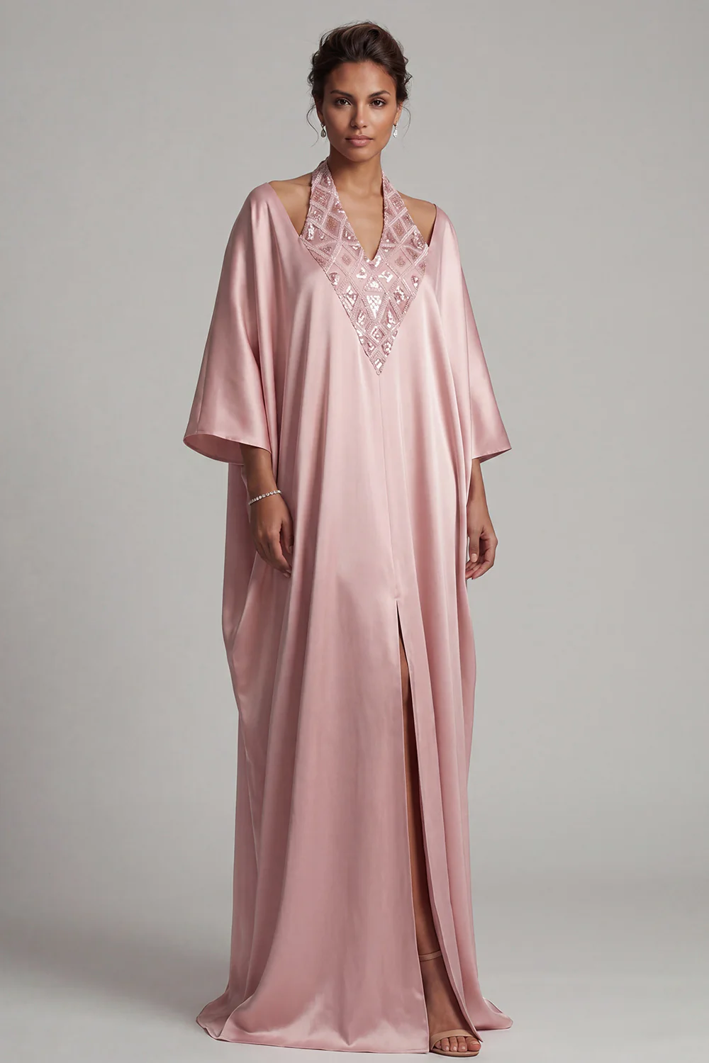 Champagne Halter Sheath Sequins Mother Of the Bride Dress with Slit - Image 6