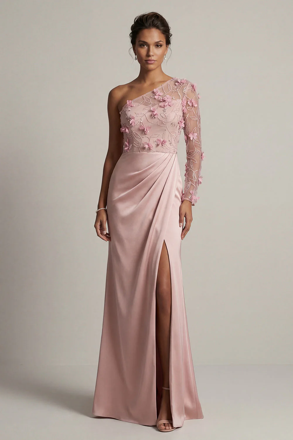 One Shoulder Satin Dusty Rose Sheath Ruched Mother Of the Bride Dress with Slit