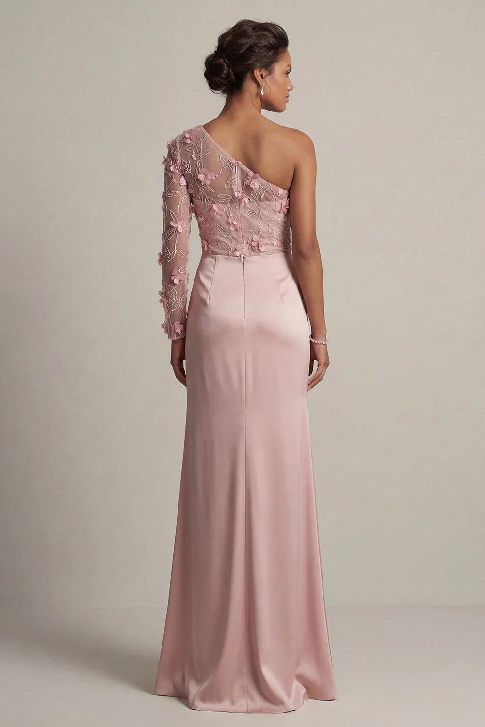 One Shoulder Satin Dusty Rose Sheath Ruched Mother Of the Bride Dress with Slit - Image 2