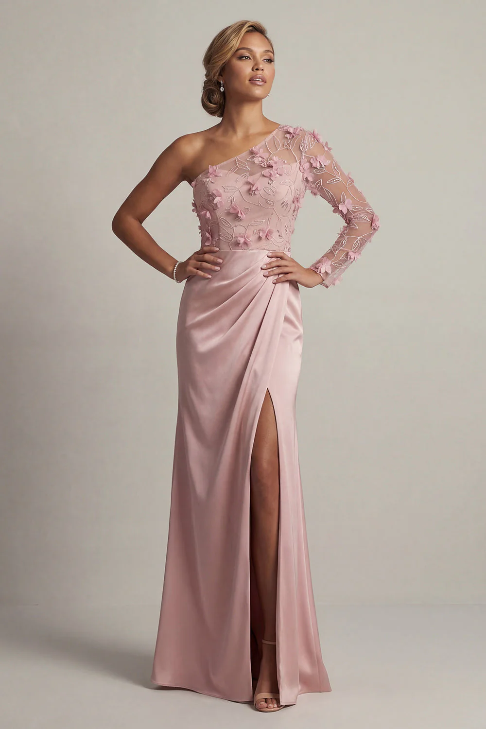 One Shoulder Satin Dusty Rose Sheath Ruched Mother Of the Bride Dress with Slit - Image 3
