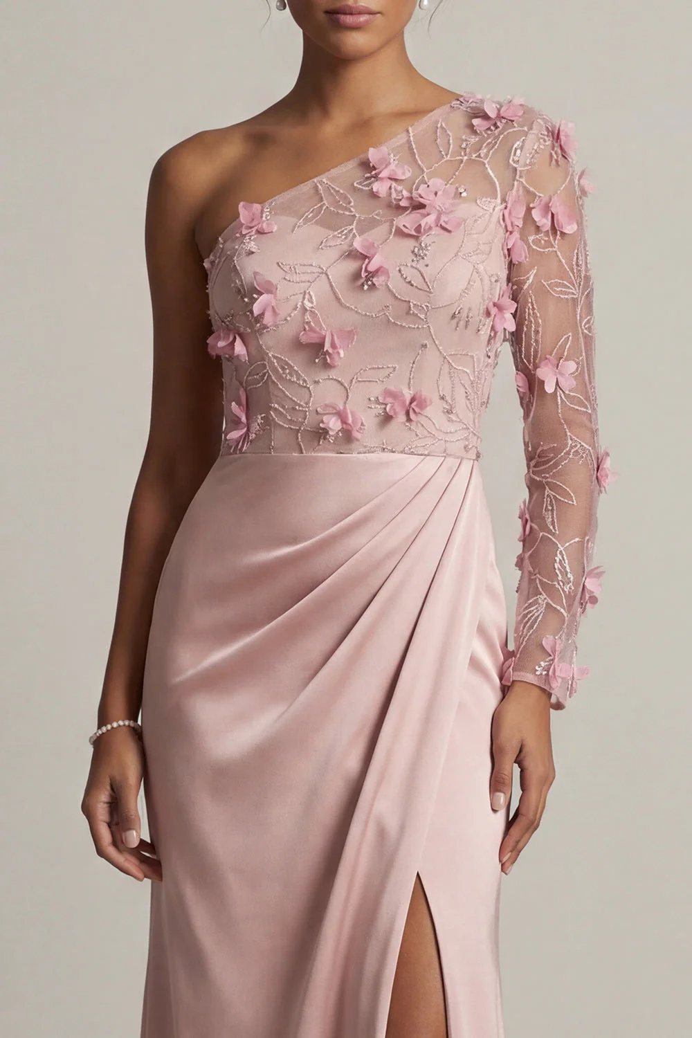 One Shoulder Satin Dusty Rose Sheath Ruched Mother Of the Bride Dress with Slit - Image 4