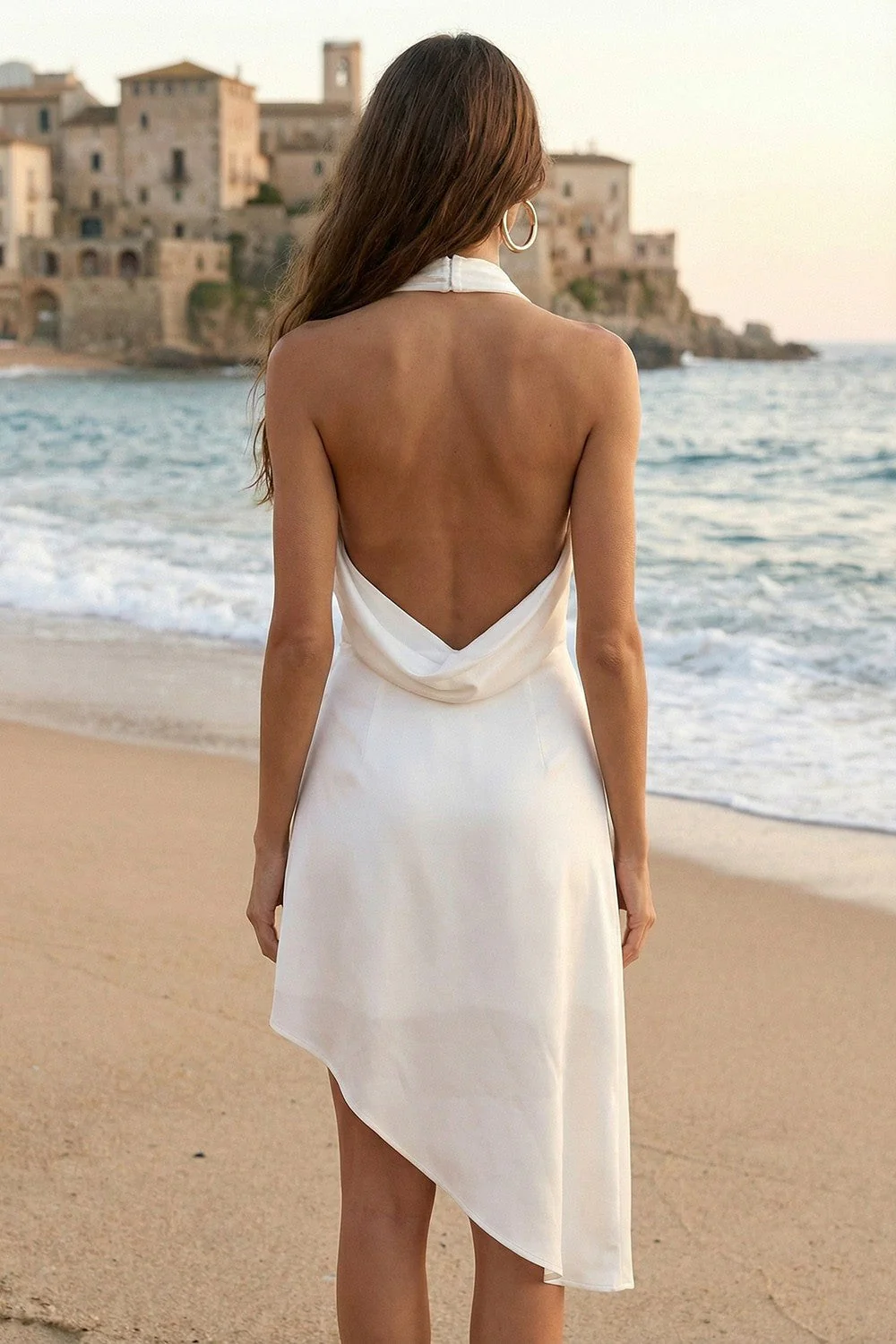 Satin Ivory Halter Neck Ruched Asymmetrical Mini Rehersal Dinner Dress with Slit - Image 2