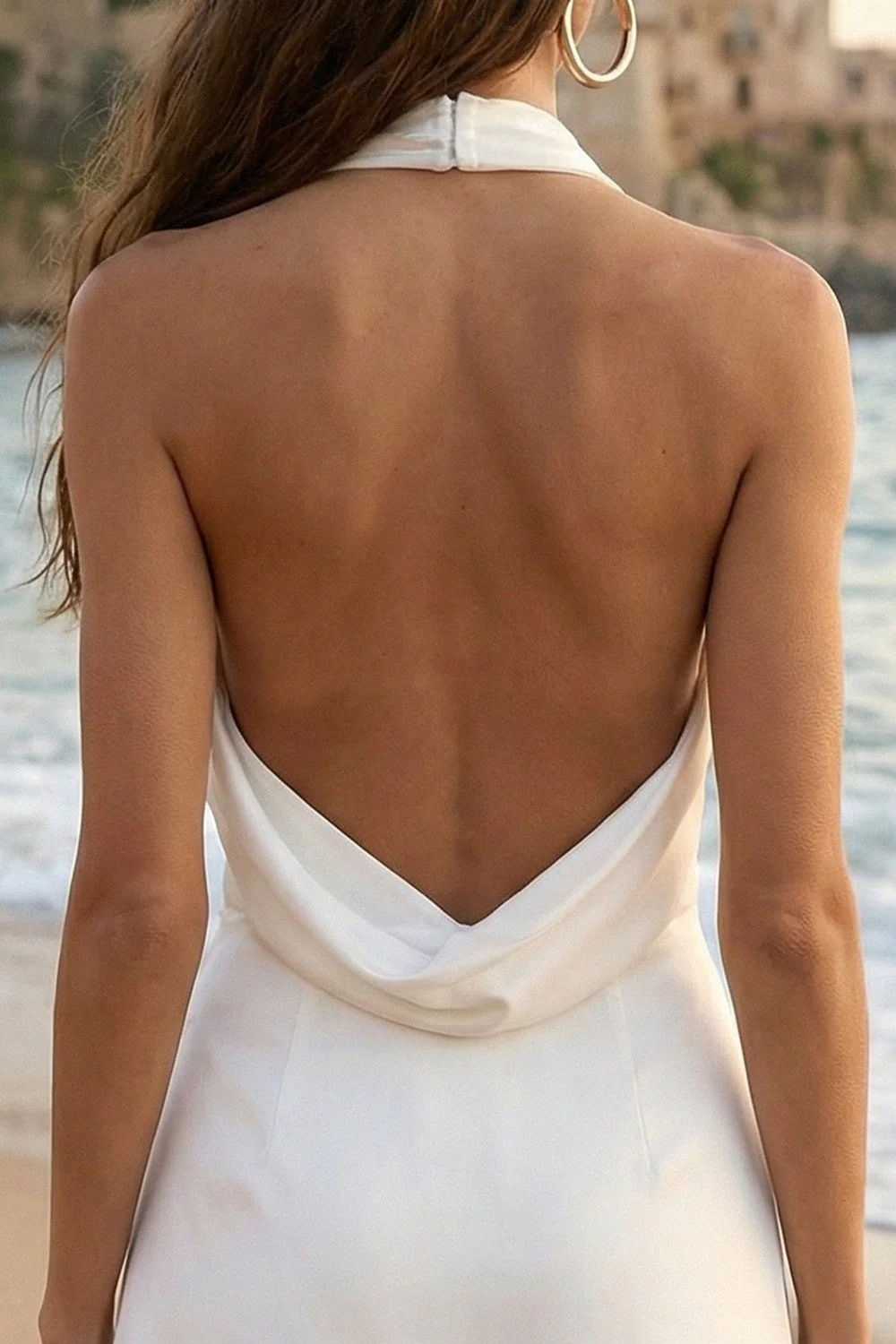Satin Ivory Halter Neck Ruched Asymmetrical Mini Rehersal Dinner Dress with Slit - Image 4
