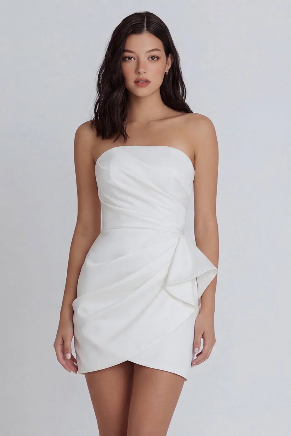 Strapless Satin Ivory Ruched Bodycon Graduation Dress with Ruffles