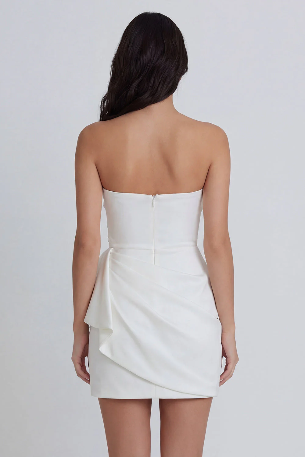 Strapless Satin Ivory Ruched Bodycon Graduation Dress with Ruffles - Image 2