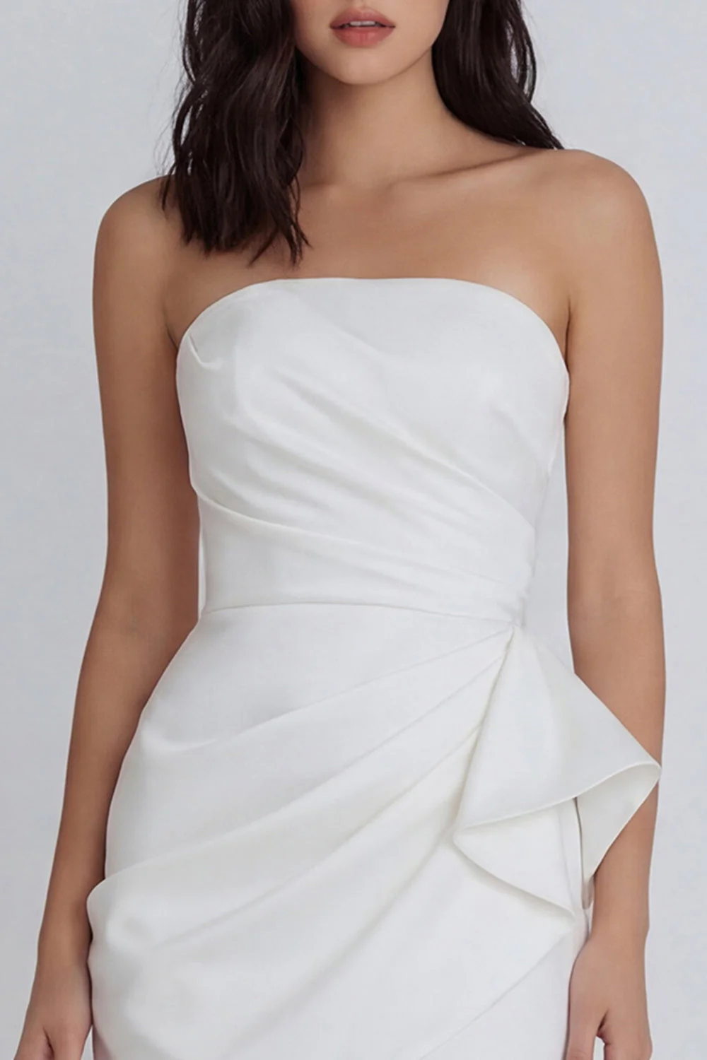 Strapless Satin Ivory Ruched Bodycon Graduation Dress with Ruffles - Image 3