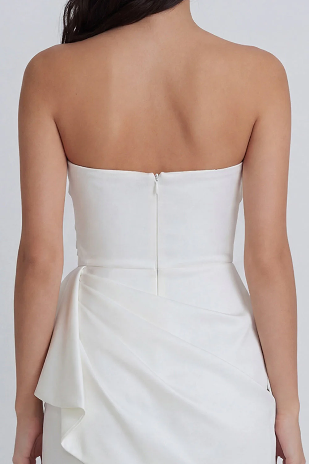 Strapless Satin Ivory Ruched Bodycon Graduation Dress with Ruffles - Image 4