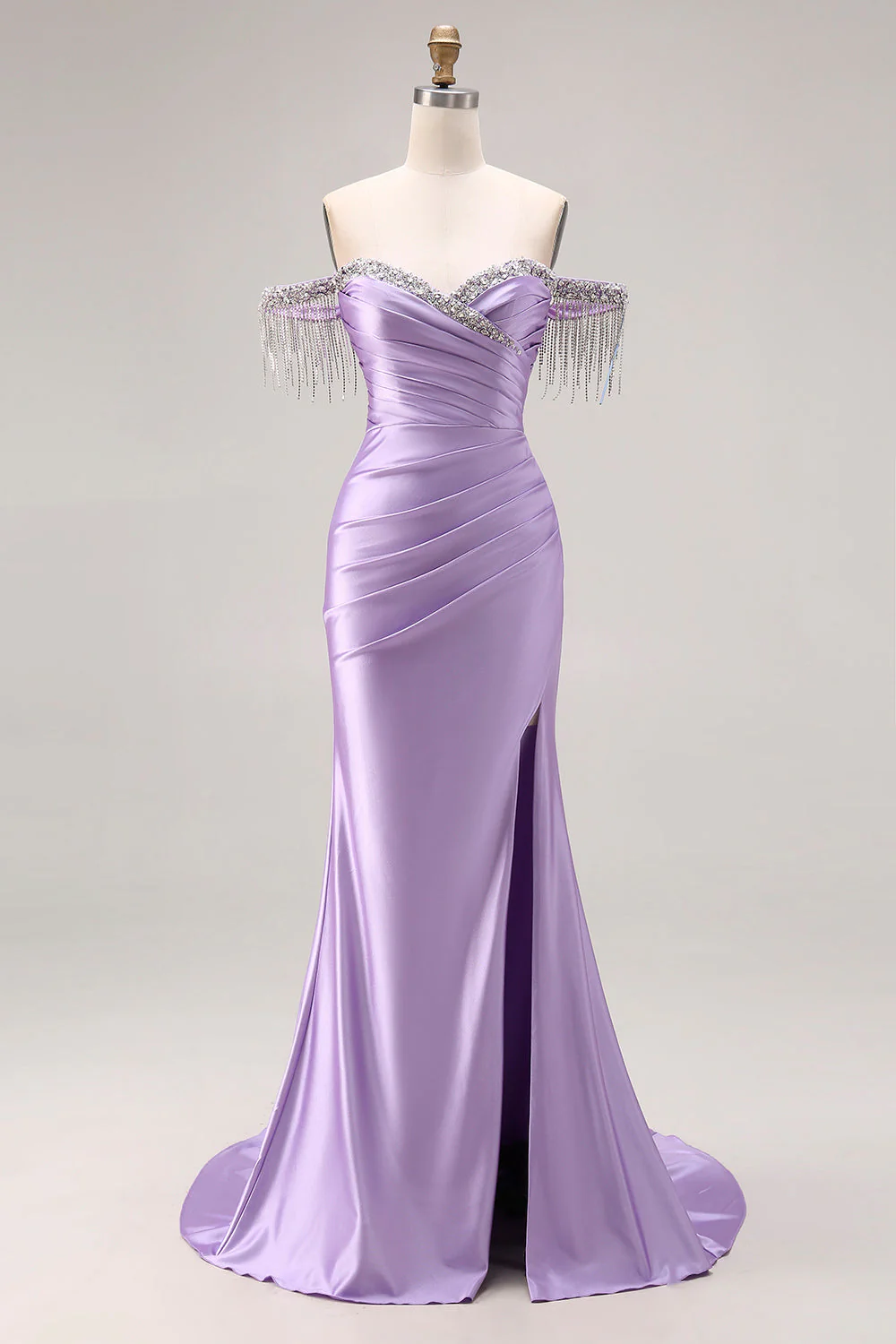 Off The Shoulder Light Purple Mermaid Ruched Satin Beaded Long Prom Dress with Slit
