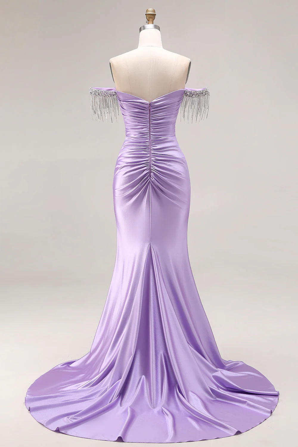 Off The Shoulder Light Purple Mermaid Ruched Satin Beaded Long Prom Dress with Slit - Image 2