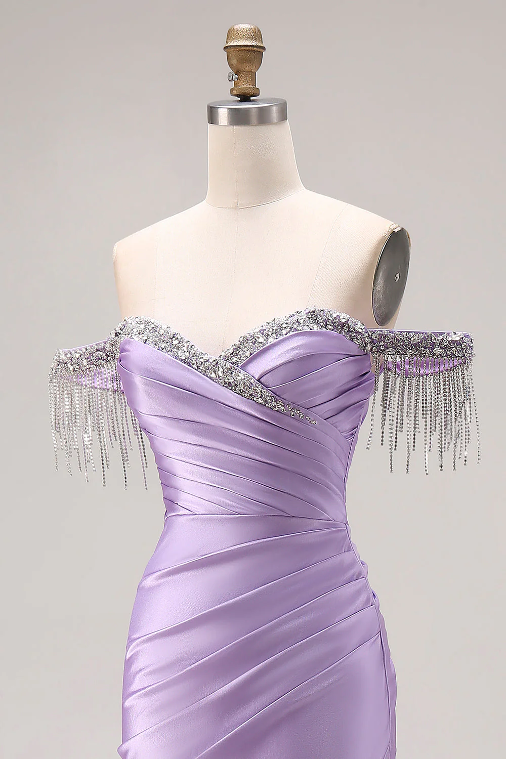Off The Shoulder Light Purple Mermaid Ruched Satin Beaded Long Prom Dress with Slit - Image 6