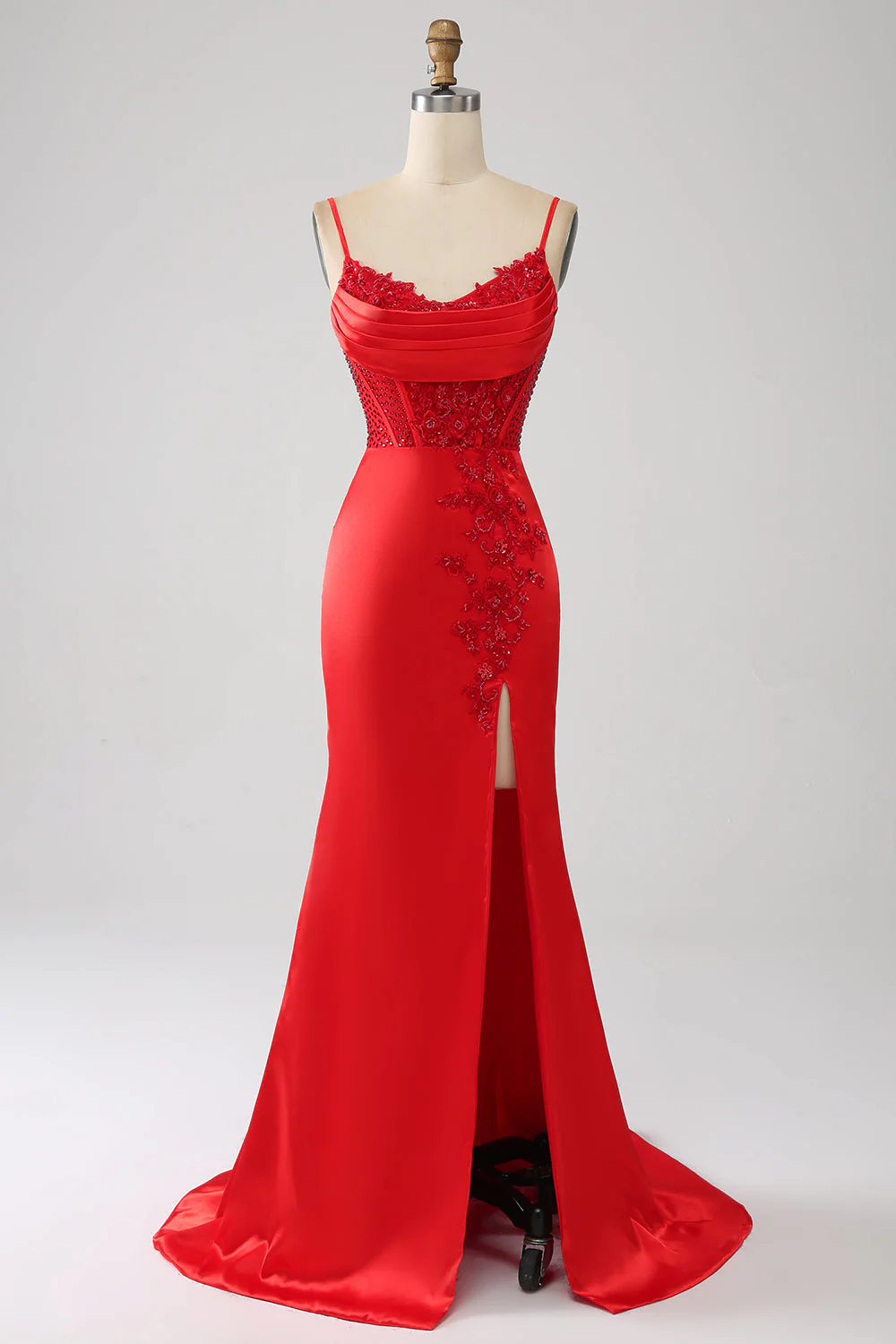 Satin Mermaid Beaded Red Prom Dress with Slit