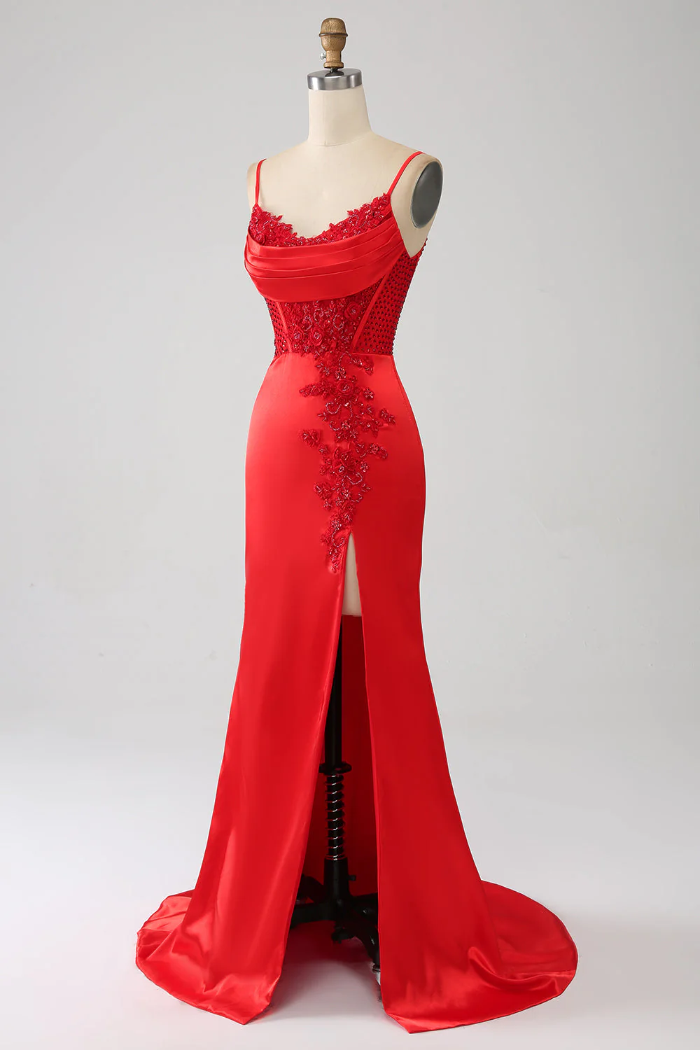 Satin Mermaid Beaded Red Prom Dress with Slit - Image 3