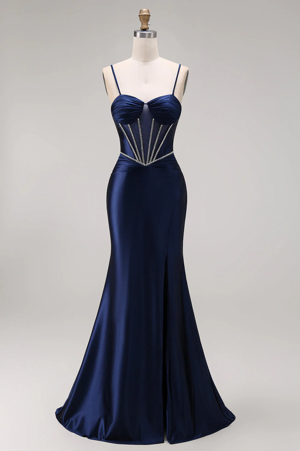 Navy Mermaid Ruched Corset Lace Up Back Long Prom Dress with Beading