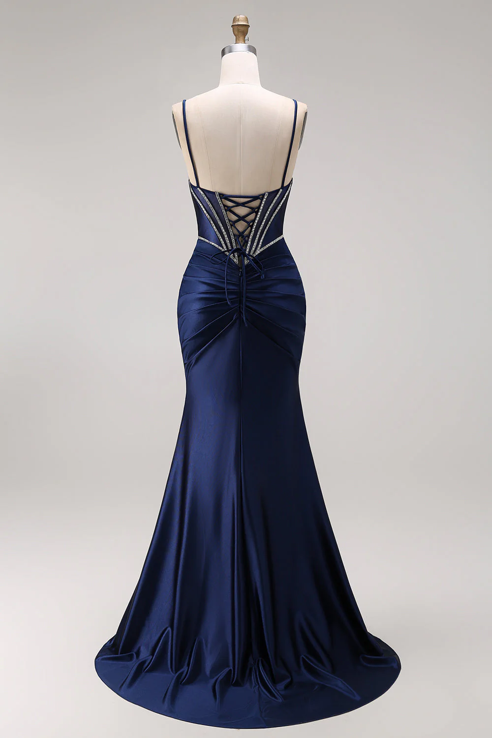 Navy Mermaid Ruched Corset Lace Up Back Long Prom Dress with Beading - Image 2