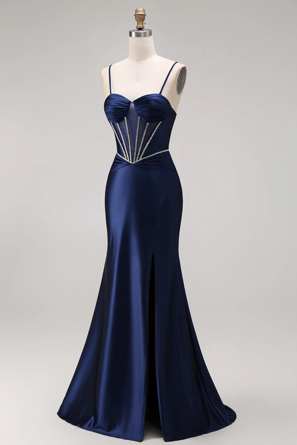 Navy Mermaid Ruched Corset Lace Up Back Long Prom Dress with Beading - Image 3