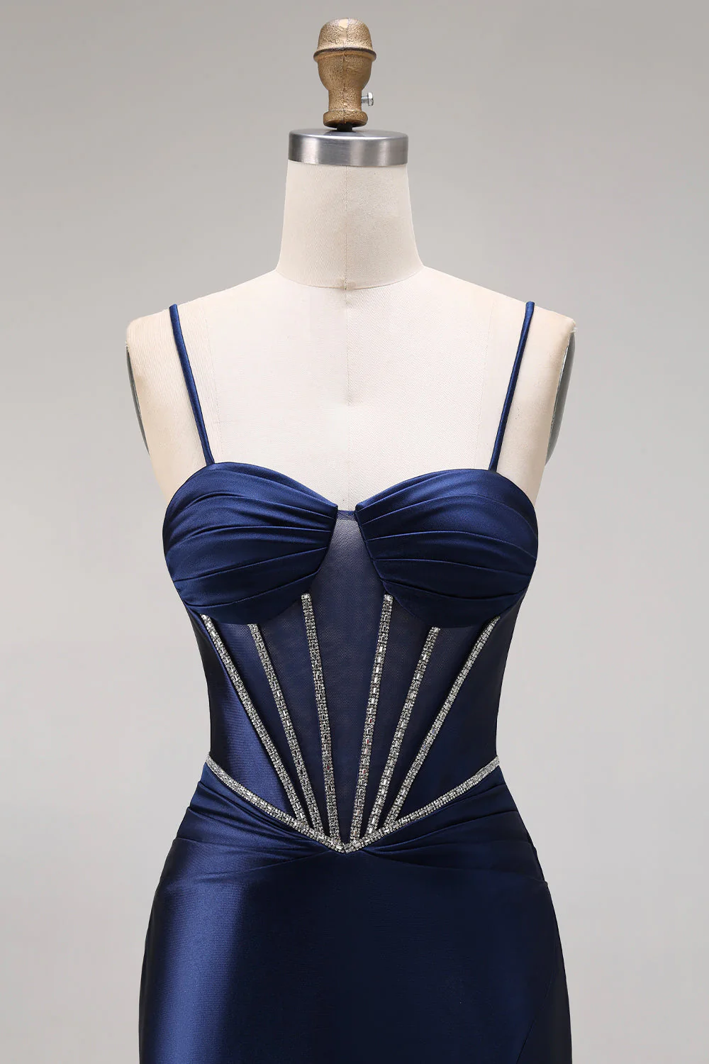 Navy Mermaid Ruched Corset Lace Up Back Long Prom Dress with Beading - Image 4
