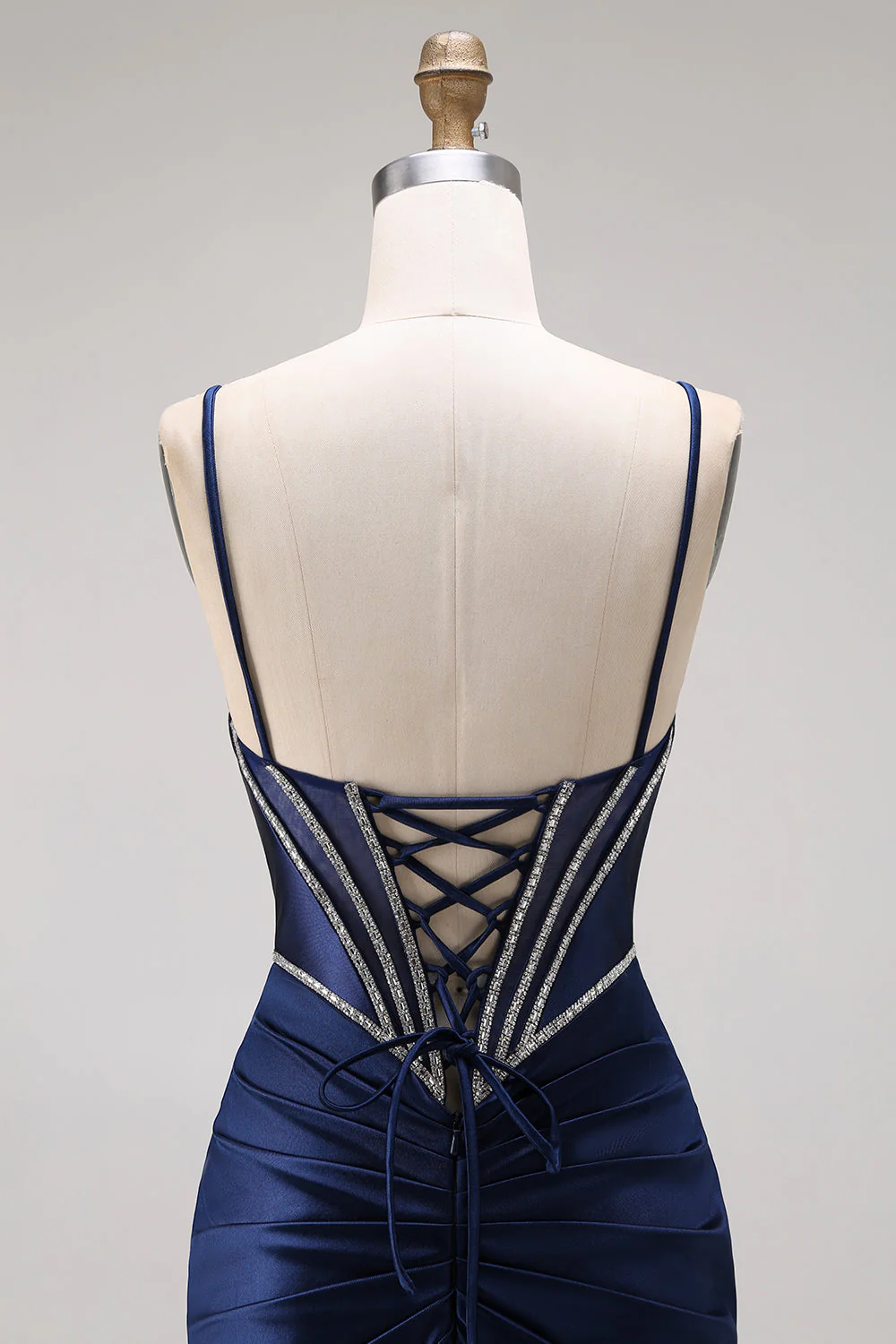 Navy Mermaid Ruched Corset Lace Up Back Long Prom Dress with Beading - Image 5