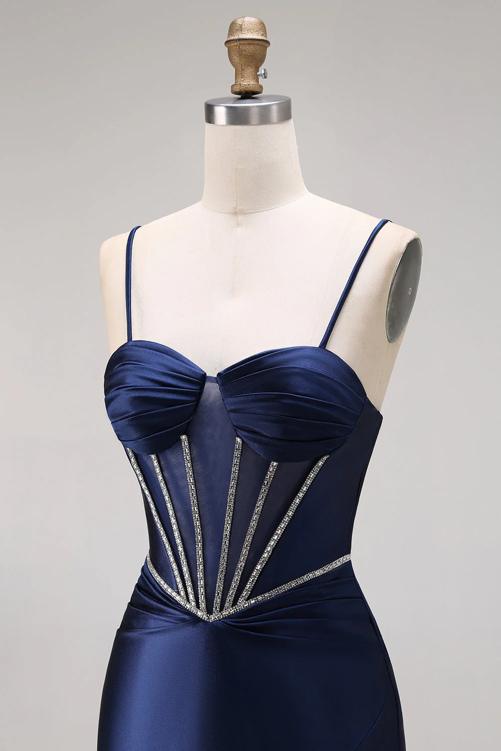 Navy Mermaid Ruched Corset Lace Up Back Long Prom Dress with Beading - Image 6