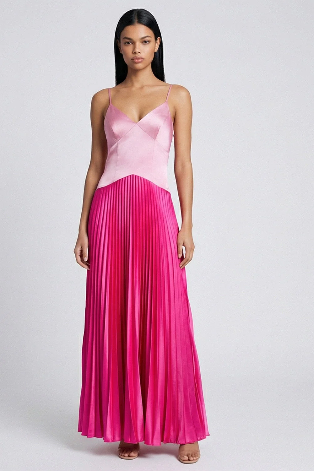 Satin Pink and Fuchsia A-Line Spaghetti Straps Pleated Maxi Dress