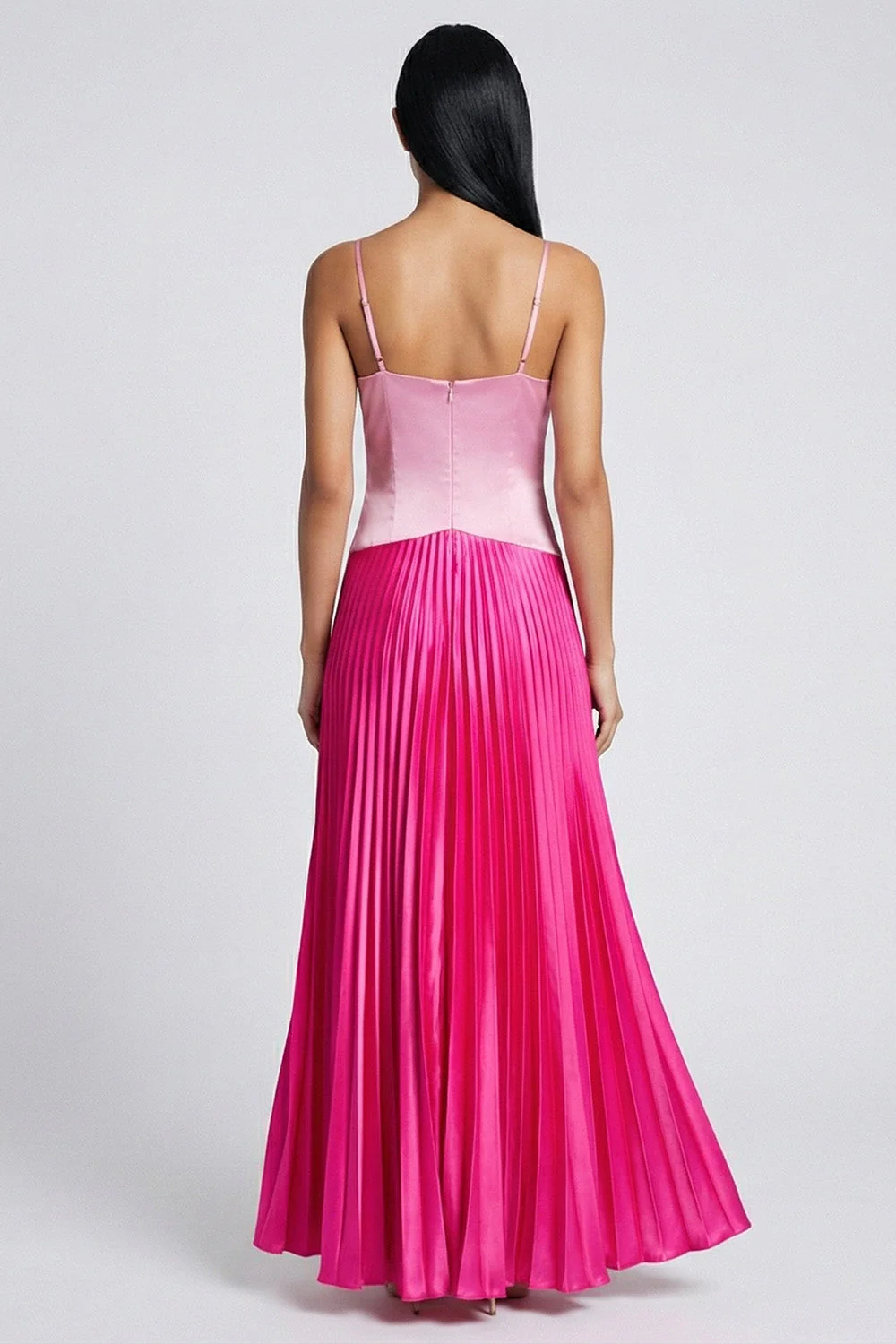 Satin Pink and Fuchsia A-Line Spaghetti Straps Pleated Maxi Dress - Image 2