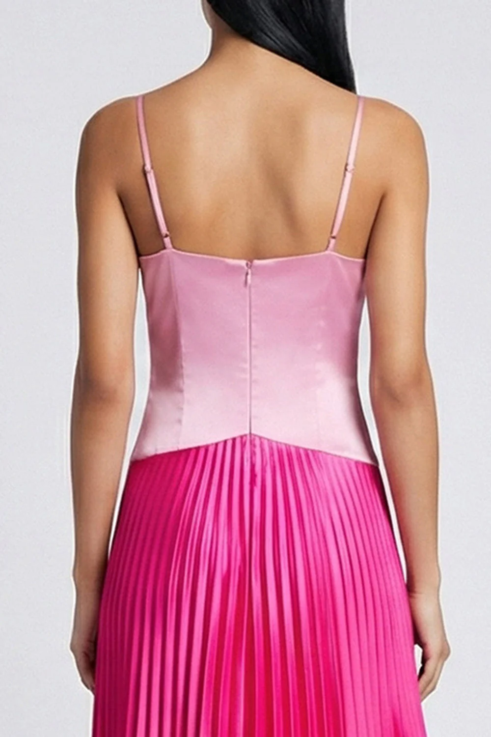 Satin Pink and Fuchsia A-Line Spaghetti Straps Pleated Maxi Dress - Image 4