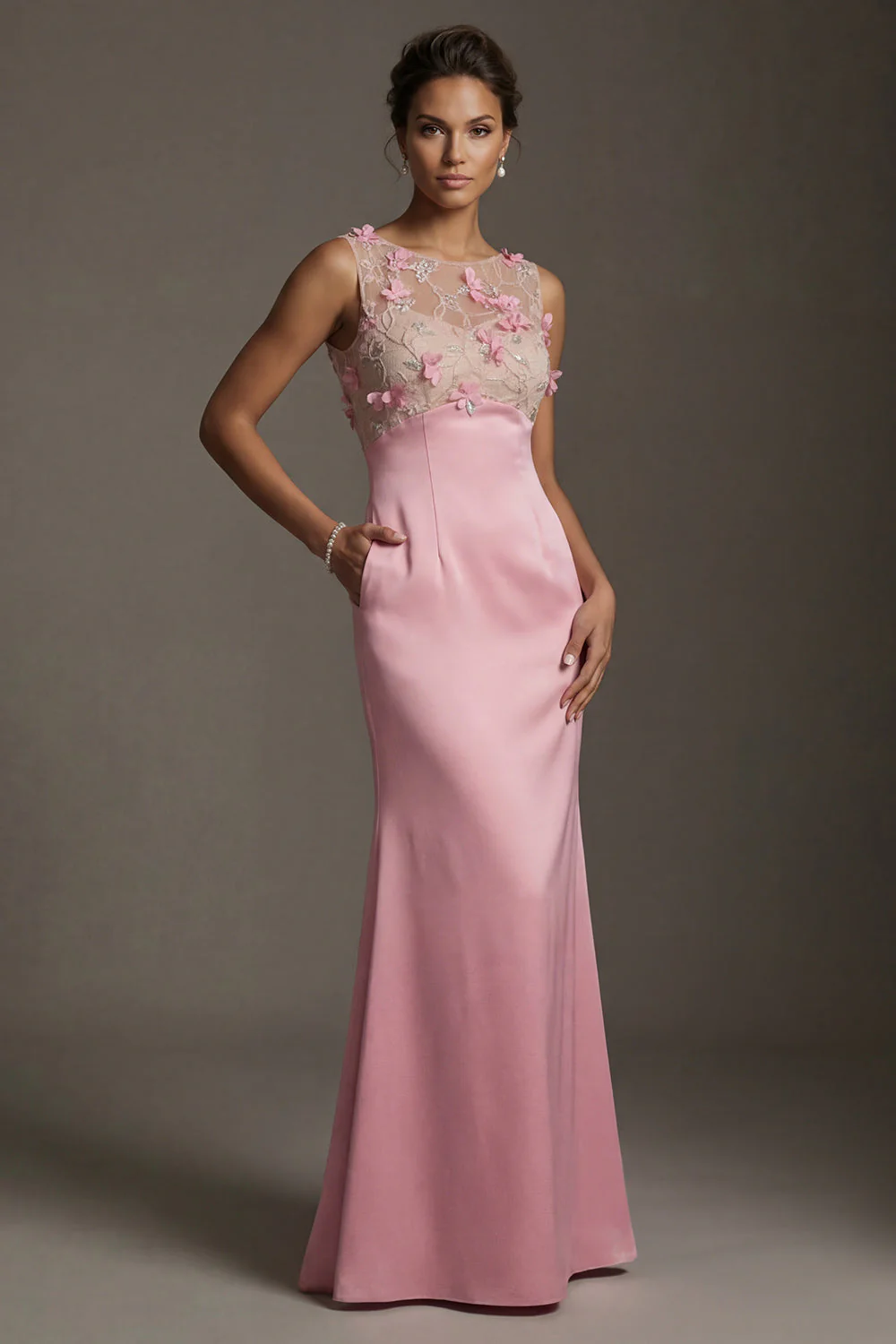 Pink Mermaid Satin Round Neck 3D Flowers Mother Of the Bride Dress with Pocket