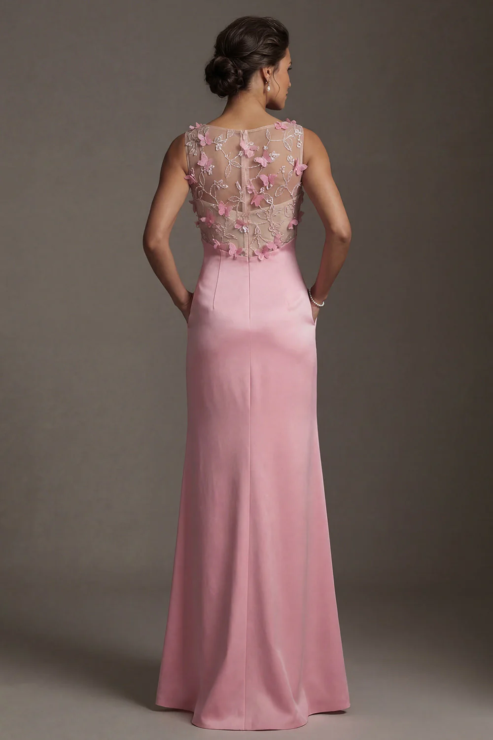 Pink Mermaid Satin Round Neck 3D Flowers Mother Of the Bride Dress with Pocket - Image 2