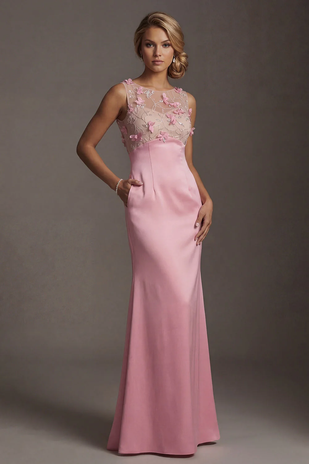 Pink Mermaid Satin Round Neck 3D Flowers Mother Of the Bride Dress with Pocket - Image 3