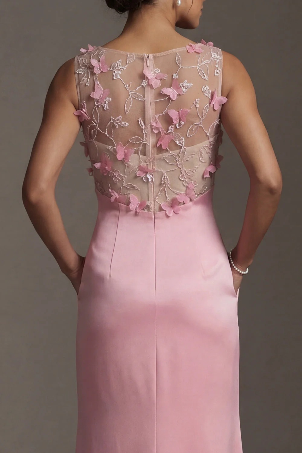 Pink Mermaid Satin Round Neck 3D Flowers Mother Of the Bride Dress with Pocket - Image 5