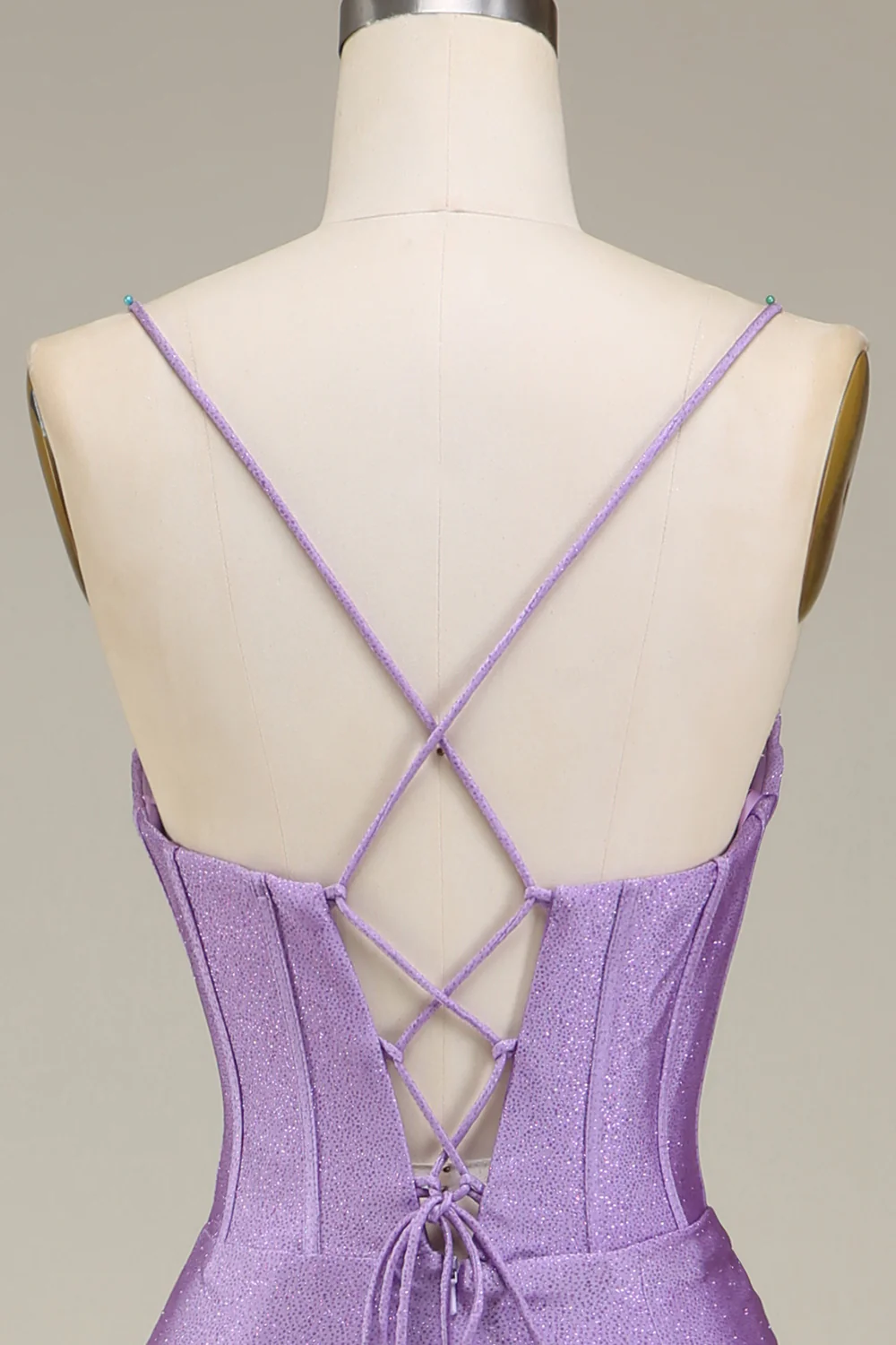 Sparkly Satin Spaghetti Straps Lilac Corset Prom Dress - Image 11