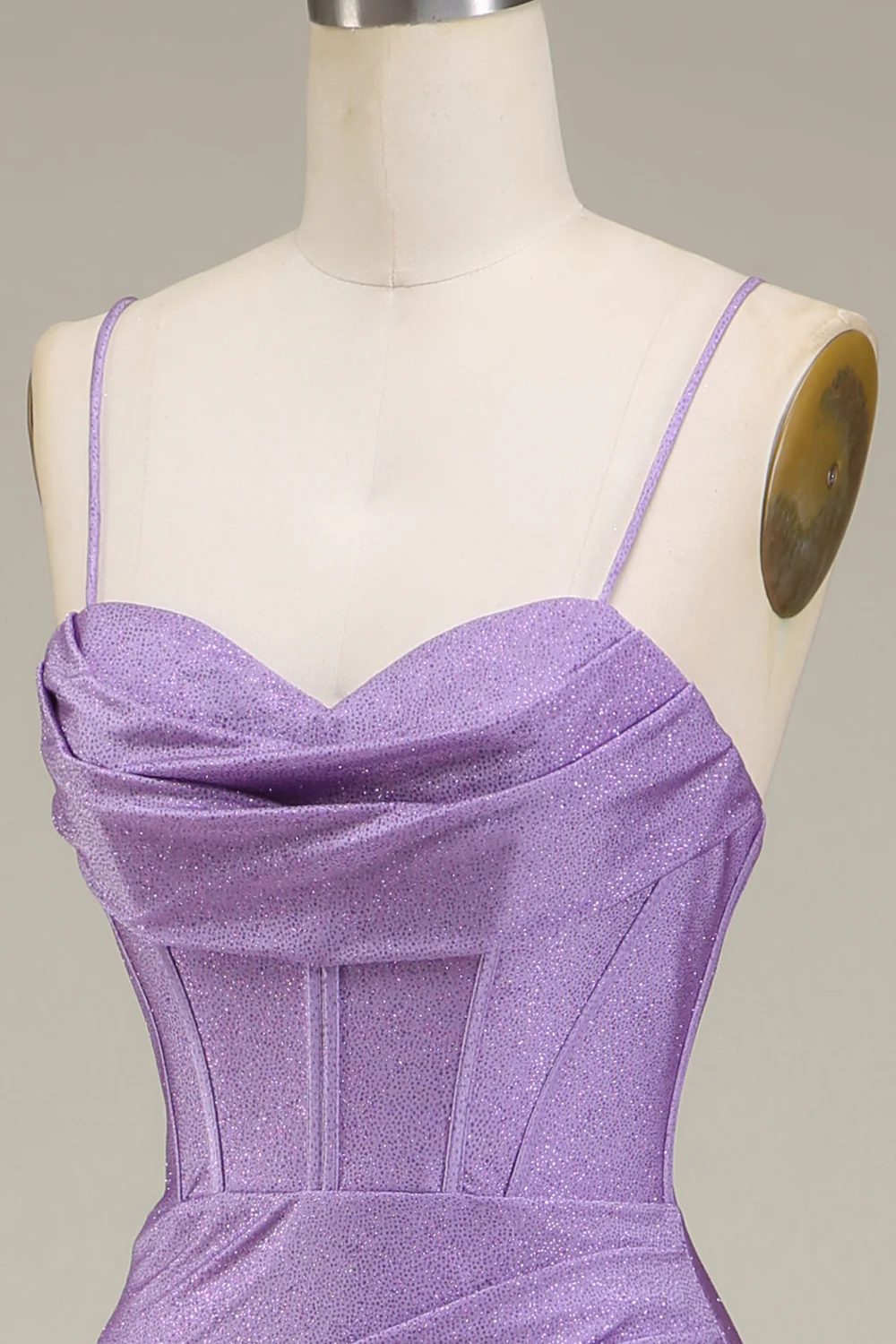 Sparkly Satin Spaghetti Straps Lilac Corset Prom Dress - Image 12