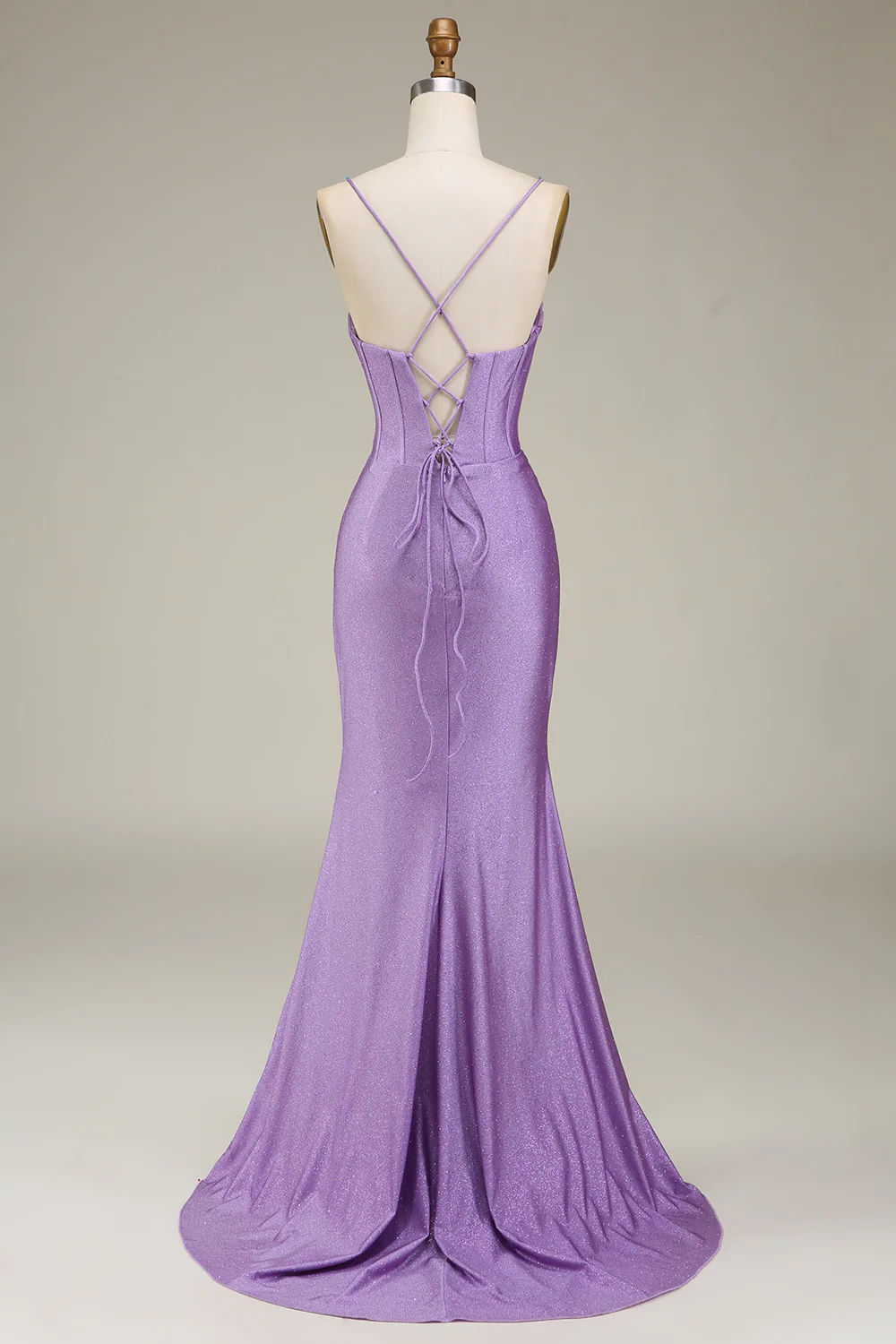 Sparkly Satin Spaghetti Straps Lilac Corset Prom Dress - Image 8