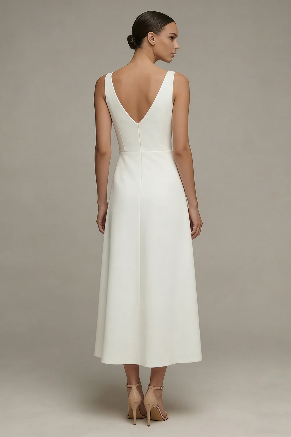 Satin White V-Neck Sleeveless A Line Engagement Dress - Image 2