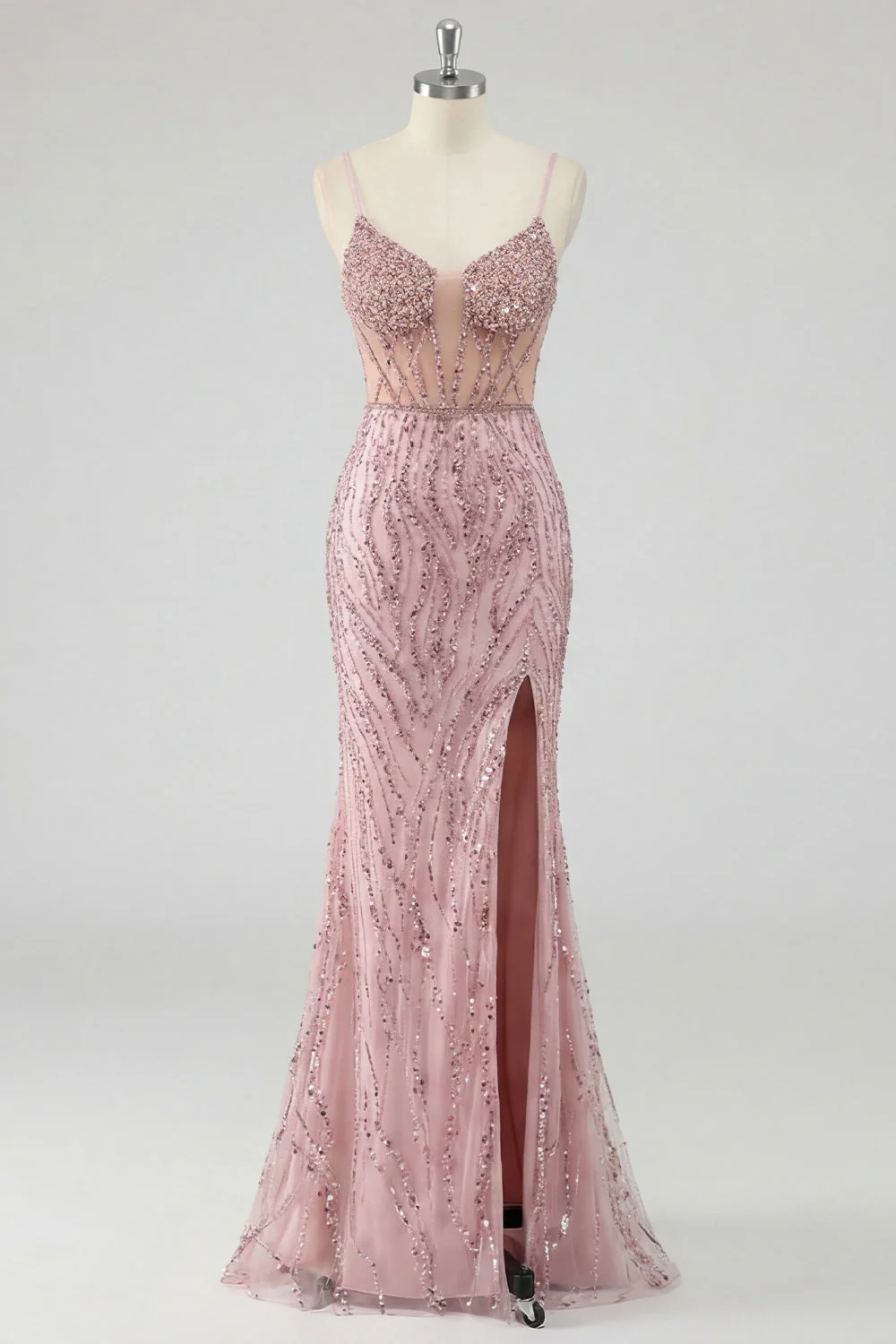 Sparkly Blush Mermaid Corset Sequin Long Prom Dress with Slit - Image 5