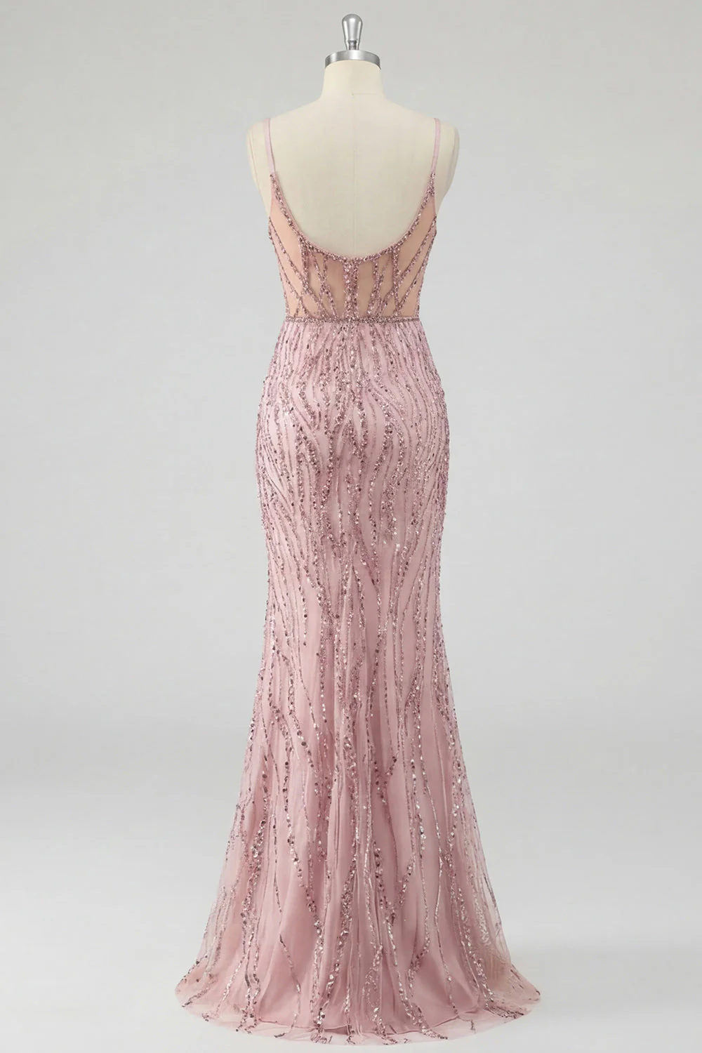Sparkly Blush Mermaid Corset Sequin Long Prom Dress with Slit - Image 6