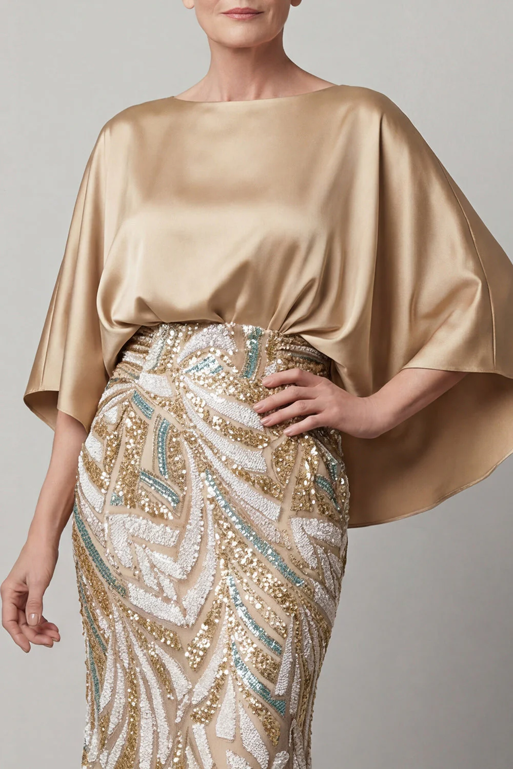 Champagne Mermaid 3/4 Sleeves Mother of the Bride Dress with Sequins - Image 3