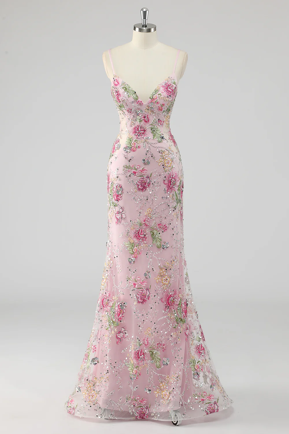 Sequins Mermaid Spaghetti Straps Pink Prom Dress with Appliques
